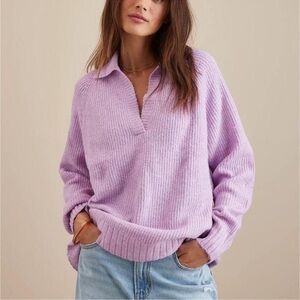 American Eagle Lilac Lavender Fuzzy V Neck Collared Sweater M Oversized Preppy